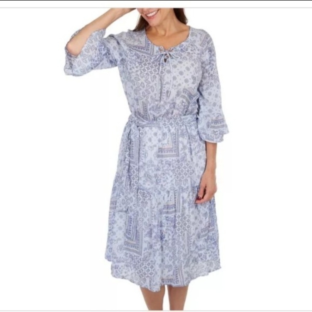 Light Blue Printed Tie-Waist Midi Dress
